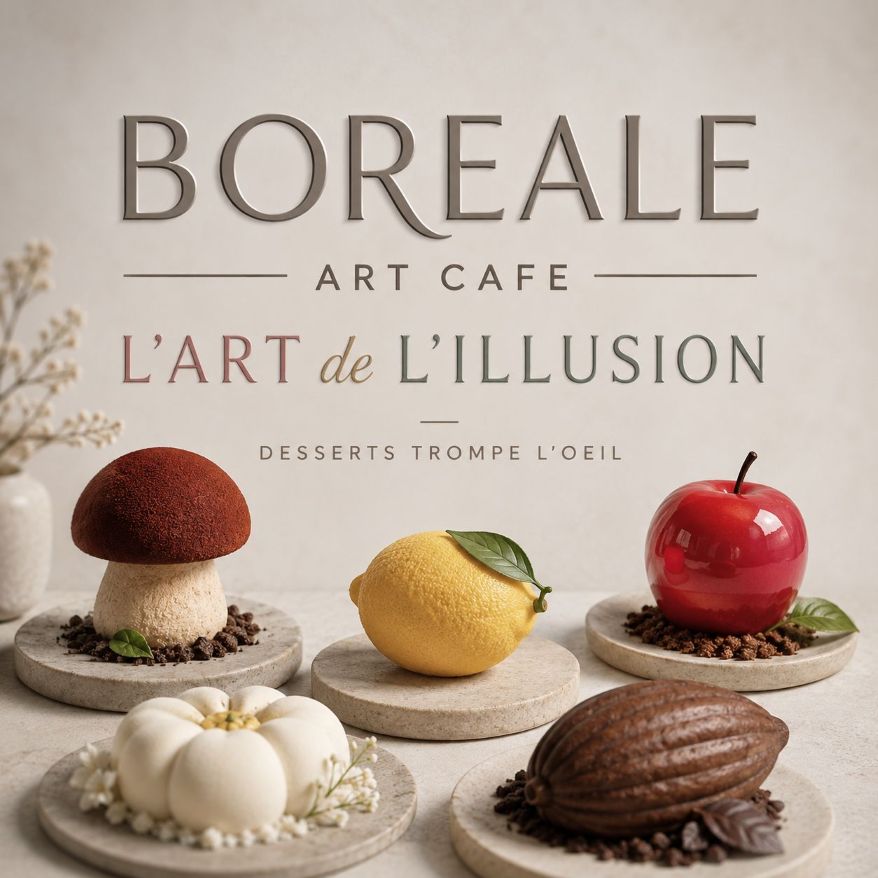 Boréale Art Café, L’Art de L’Illusion: trompe l’oeil desserts shaped like a mushroom, a lemon, an apple, a flower and a cocoa pod